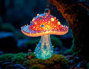 A glowing blown glass mushroom ornament featuring bioluminescent mycelium filaments, perfect for creating an enchanted forest ambiance.