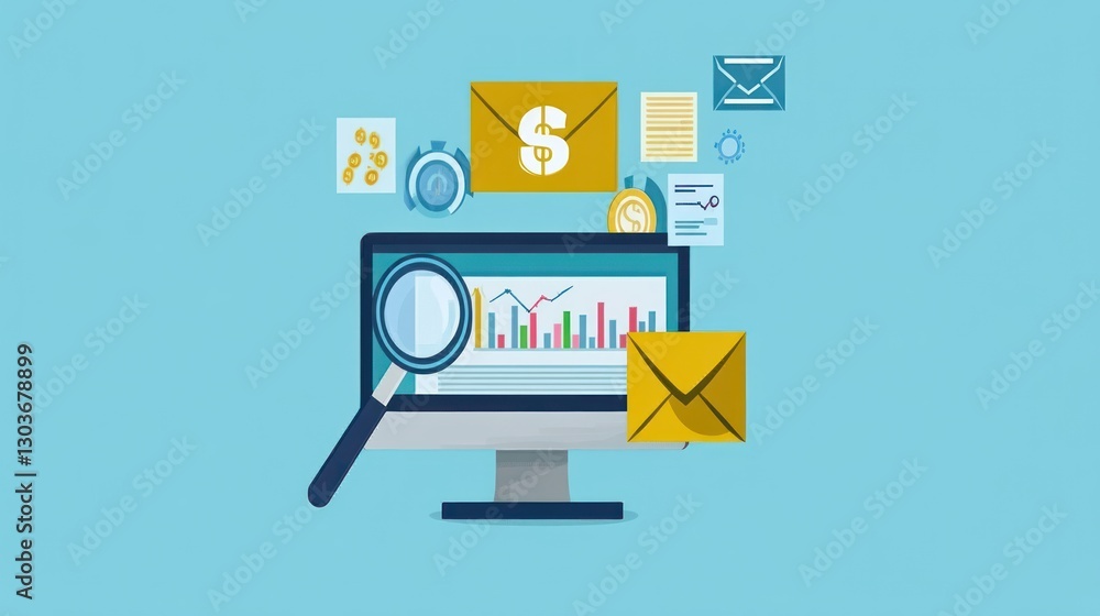 Aufkleber computer screen with emails and financial data, business workflow, flat design
