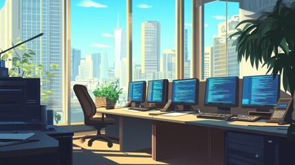 Fototapeta premium Sunny city office, computers, plants, work, view
