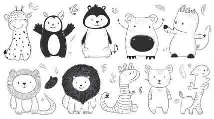 Cute cartoon animals, simple line art, children's illustration, playful design, versatile print