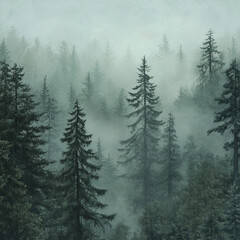 Obraz premium Dense forest with tall trees and a foggy atmosphere