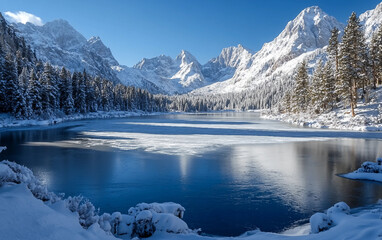Beautiful snowy landscape with a lake in the foreground