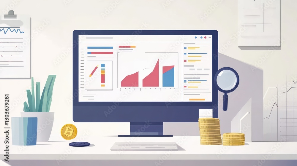 Poster modern office workspace with data analysis. possible use stock photo for business presentation