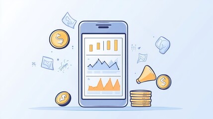 Mobile phone with financial graphs and marketing icons. Showing business.  Possible use Business concept, online finance