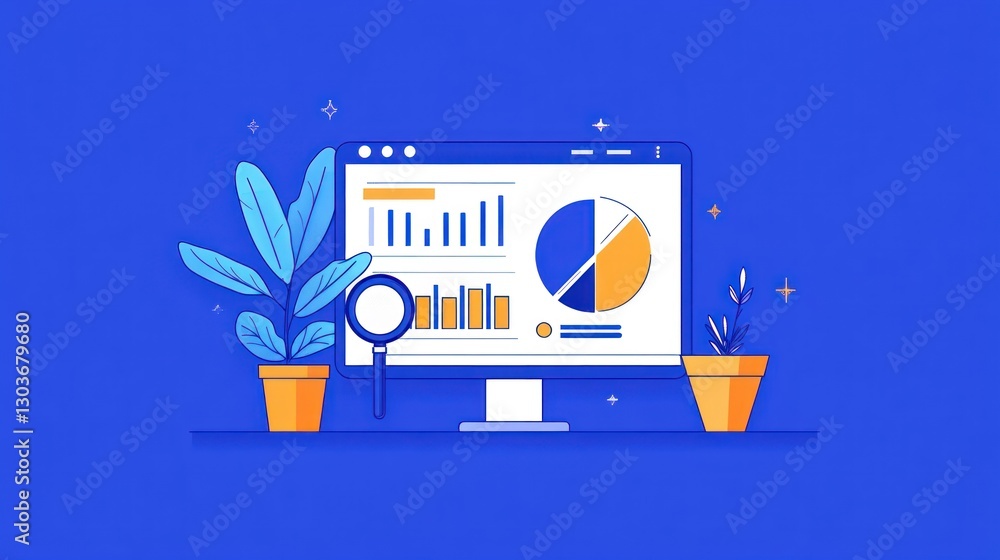 Aufkleber data analysis on computer screen, office setting