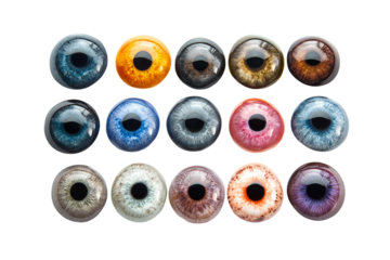 Glass eyes for prosthetics in assorted colors isolated on transparent white background