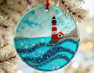 Fused glass ornament with swirling ocean waves, capturing the essence of a coastal lighthouse holiday, evoking maritime charm.