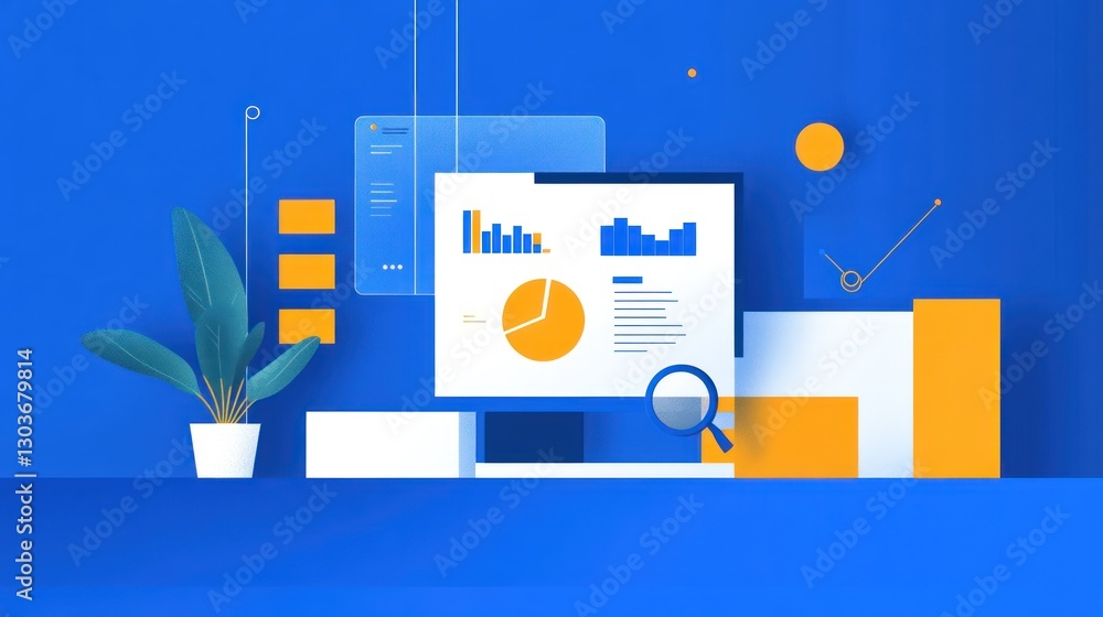 Poster abstract modern workspace with computer and data visualizations. possible stock photo use business c