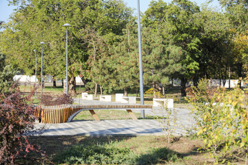 Obraz premium Beautiful autumn park with trees and benches on sunny day