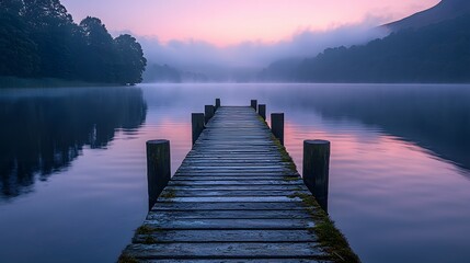 Fototapeta premium A wooden pier extends into a calm lake, with gentle ripples reflecting the sky. The scene feels peaceful and open, inviting quiet contemplation. 