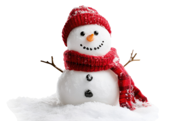 A cheerful snowman in a cozy red scarf enjoying a winter day in a snowy landscape isolated on transparent background