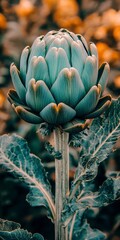 Fototapeta premium Close-Up of a Young, Vibrant Green Artichoke in Bloom, Capturing the Beauty of Nature s Bounty