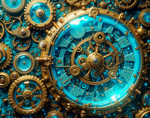 Fototapeta premium Liquid crystal clockwork gears with holographic steampunk mechanics, blending brass and cyan fusion in an intricate, futuristic design.