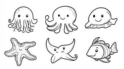 Naklejka premium Cute cartoon sea creatures, outlined black and white. Suitable for children's books or educational materials