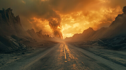 Desert road leading to an apocalyptic storm under a fiery sky, suggesting a journey into the unknown or a post-disaster landscape.