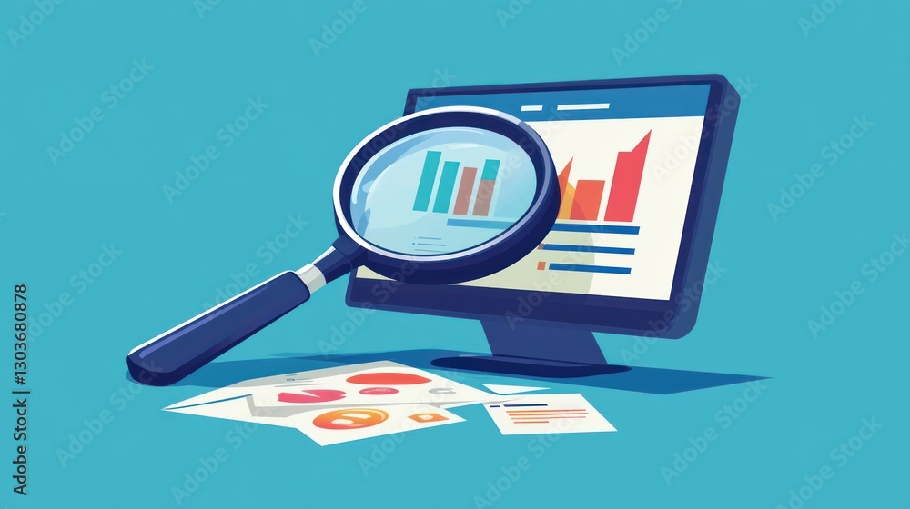 Poster magnifying glass examining computer data graphs