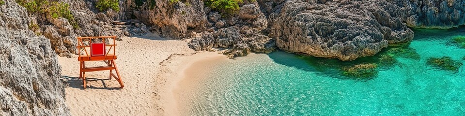 A secluded beach with a lifeguard chair at the edge of the sand, surrounded by rocky cliffs and clear turquoise waters.