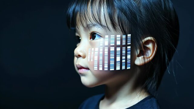 A young child with advanced cybernetic implants on their face, symbolizing the fusion of humanity and artificial intelligence in a futuristic world. . High quality 4k footage