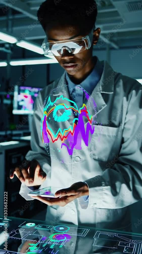 Poster futuristic lab: scientist interacts with holographic displays in a hightech environment