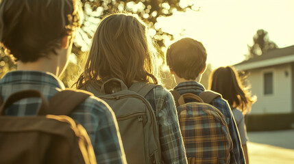 Students walking to school together, wearing backpacks, fostering friendship and shared learning experiences. Educational journey begins.