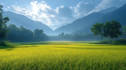 Obraz premium Sunlit rice paddy, mountain valley, morning mist, scenic landscape, travel poster