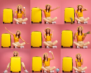 A cheerful traveler poses with yellow luggage, showcasing excitement for upcoming adventures. She...