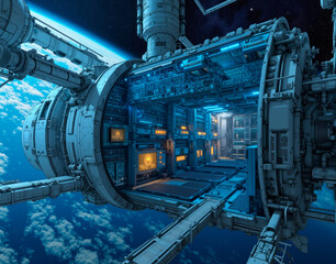 Server farm housed in a space elevator, managing orbital data streams with zero-gravity maintenance systems.