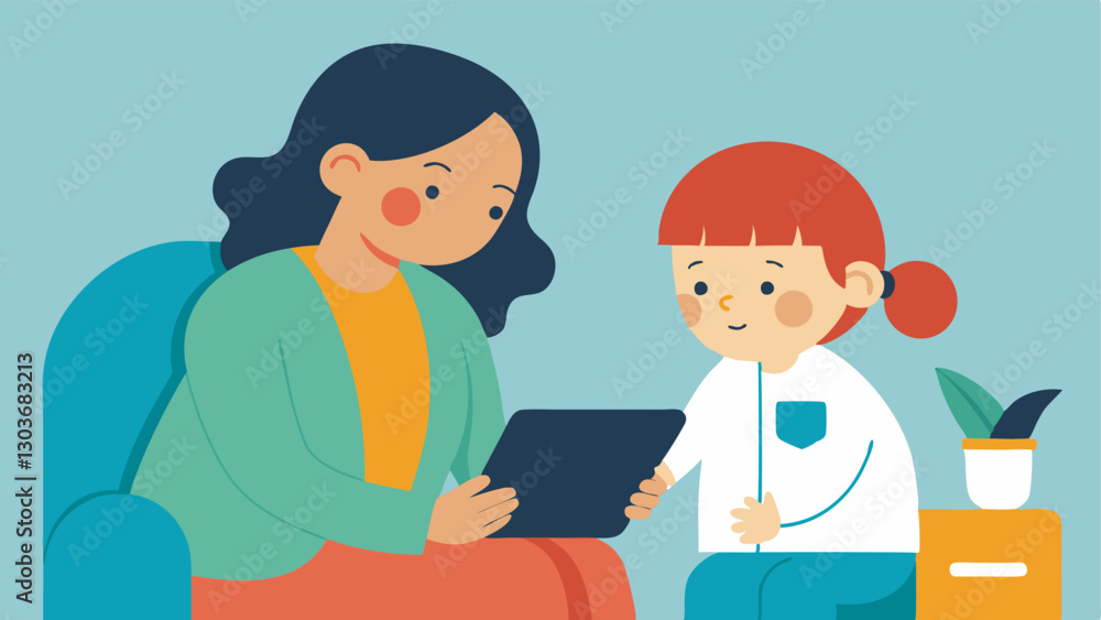 Poster telehealth for parents a parent using a tablet on their lap during a telehealth appointment with a p