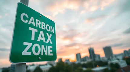 Obraz premium stock photo Warm terracotta and cool teal tones, soft light. Green Carbon Tax Zone sign with white text, low angle. Blurred cityscape, warm sunset, shallow depth of field.