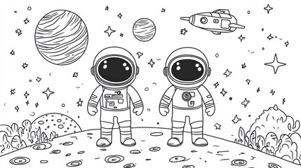 Cartoon astronauts on alien planet, space exploration, background stars, kids