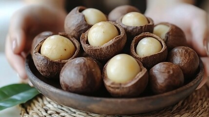 Obraz premium Woman holding a wooden bowl of shelled macadamia nuts