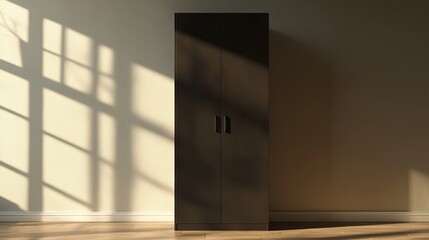 Fototapeta premium A closed, dark brown wardrobe placed within an interior setting, isolated with a clipping path. 3D-rendered illustration. 