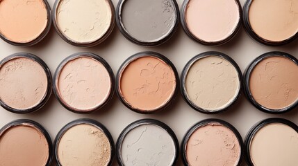 Assortment of various shades of powder foundation arranged together nicely