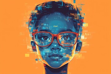 Futuristic digital portrait of a child with red glasses, abstract blue cybernetic patterns on face, and orange background. Concept of dyslexia, digital cognition, learning challenges, and AI perceptio