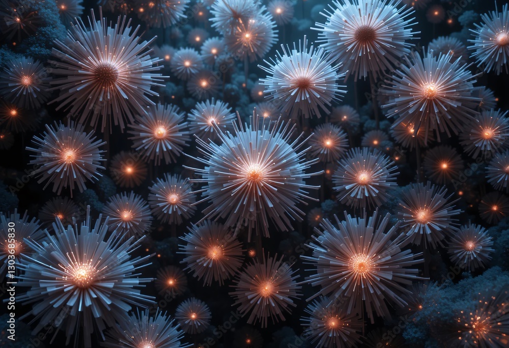 Aufkleber Luminous Star Clusters With Orange Cores. A Surreal Display Of Hyper-realistic Star-like Forms Glowing Against A Soft Dark Backdrop. Creates Depth And Tranquility With Misty Textures And Intricate