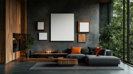Modern living room interior with gray sofa, wooden furniture, and nature view windows