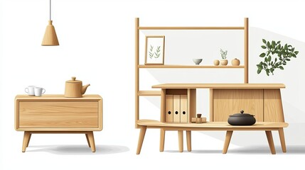 A realistic 3D-style vector illustration of wooden furniture, including a commode, a clothes shelf, and a tea table, creating a comfortable living space collection on a white background.







