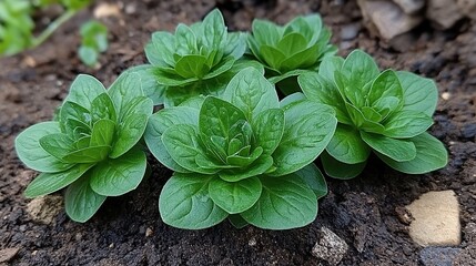 Fresh, vibrant young salad greens growing in dark soil garden bed