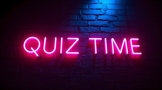 stock photo Warm golden glow. A pink, glowing neon sign reading QUIZ TIME in bold uppercase letters is mounted on a dark, textured brick wall - Powered by Adobe