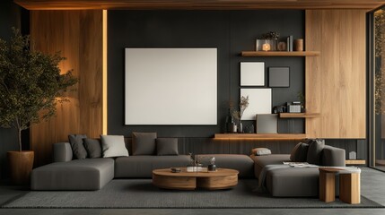 Modern living room interior with gray sofa, wood accents, and blank canvas for art display