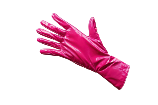 A vibrant pink rubber glove resting gently on a clean surface, ready for household cleaning tasks isolated on transparent background
