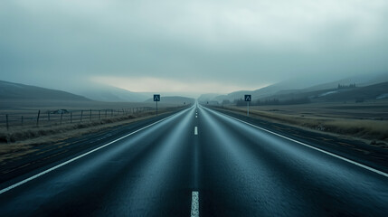 A long road stretching into the misty distance under a cloudy sky, promising adventure and journey ahead. Serene and atmospheric.