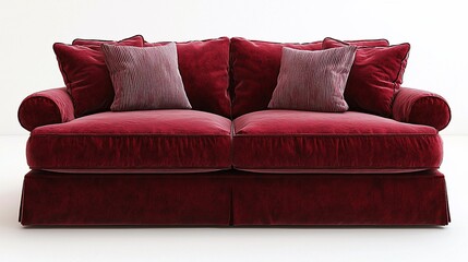 Red velvet sofa with pillows on white background.