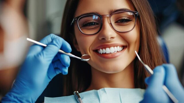 Woman at a dentist's appointment in a dental clinic. healthy smile, regular dental check-up. Working in a dental office using professional instruments
