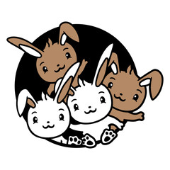 4 Rabbit Friends Team Crew Hole Four Cool Siblings Design Lover Art Vector Illustration Card T-Shirt Poster Sticker Graphic Print Decorative Drawing Isolated Logo Decoration Symbol Creative Cool Style