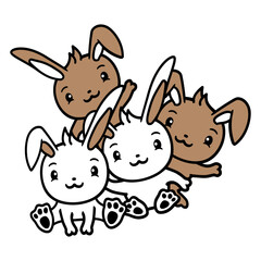4 Rabbit Friends Team Crew Four Funny Siblings Fun Design Lover Art Vector Illustration Card T-Shirt Poster Sticker Graphic Print Decorative Drawing Isolated Logo Decoration Symbol Creative Cool Style