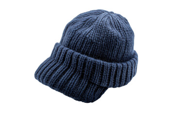 Cozy knitted navy hat resting on a white background, perfect for chilly winter days ahead isolated on transparent background