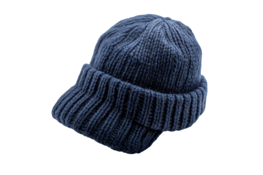 Cozy knitted navy hat resting on a white background, perfect for chilly winter days ahead isolated on transparent background