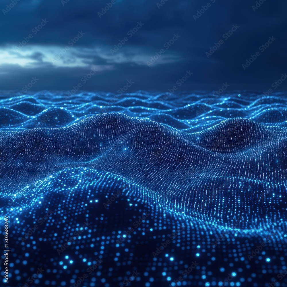 Poster abstract representation of digital ocean waves with glowing particles under a dark cloudy sky, showc