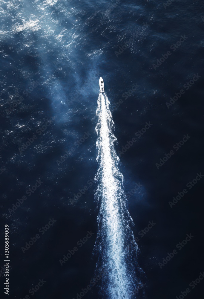 Poster aerial view of a boat navigating through dark waters with sunlight reflection creating a stunning co